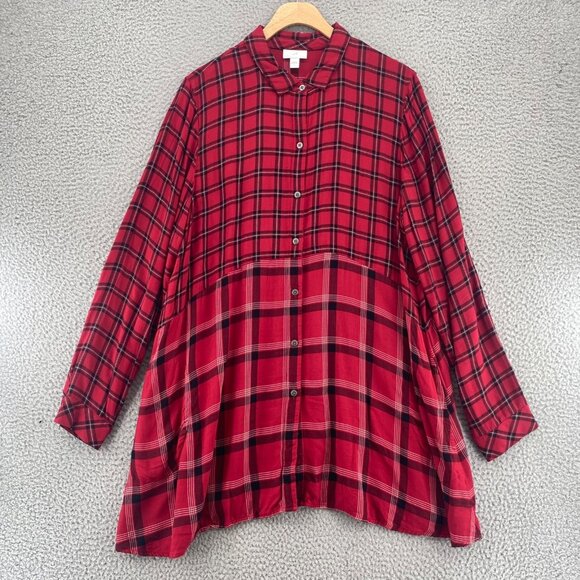 J Jill Top Womens Large Red Plaid Button Up Long Sleeve Collared Tunic Pockets - Picture 1 of 11
